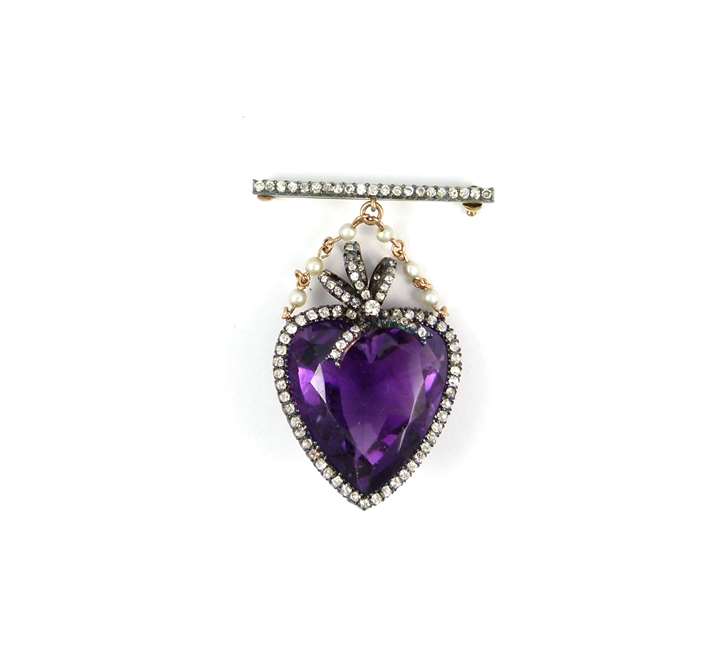 Early 20th century heart shaped amethyst and diamond set brooch